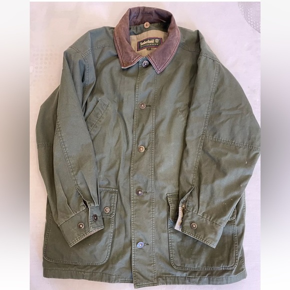 Timberland Vintage Contrast Leather Collar Hunting Jacket in Green
